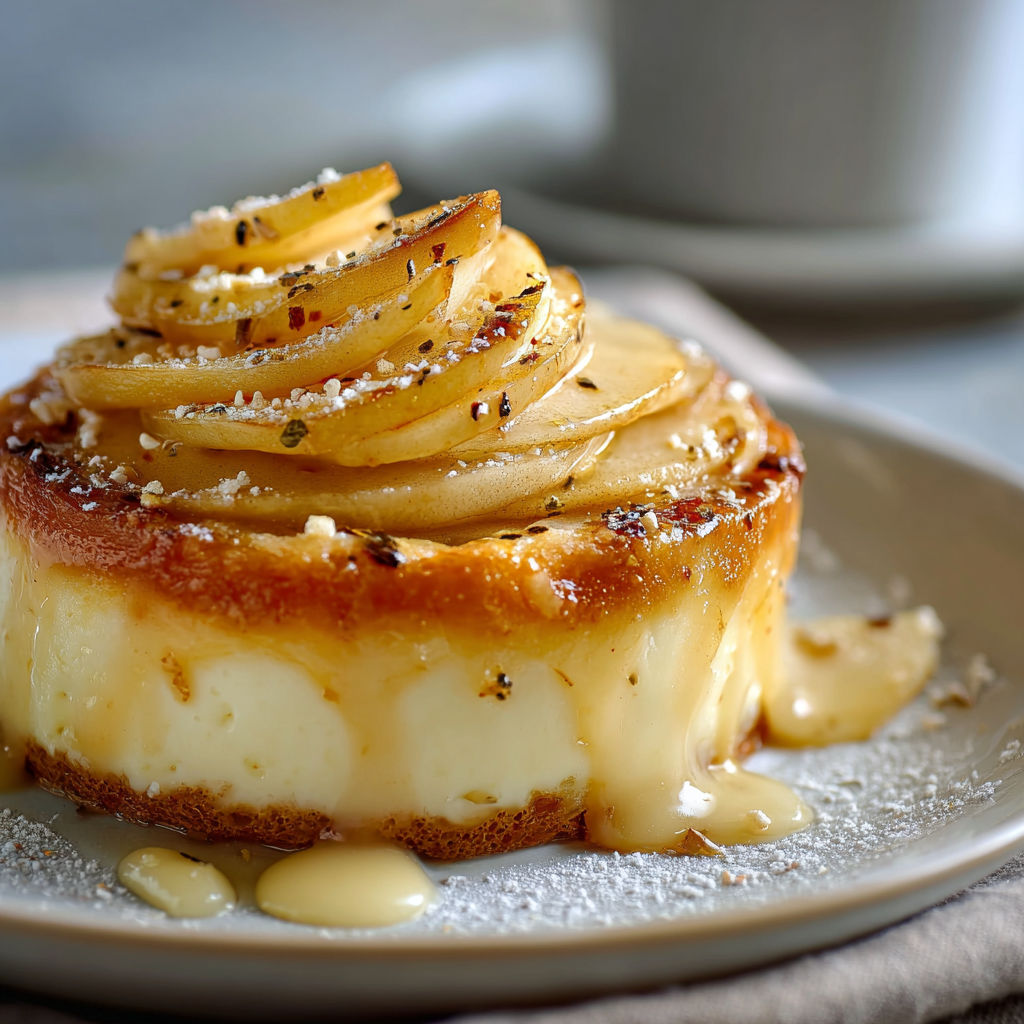 Une tarte aux pommes et au beurre, garnie de cinnamon et de sucre, est servie sur un plateau en verre.