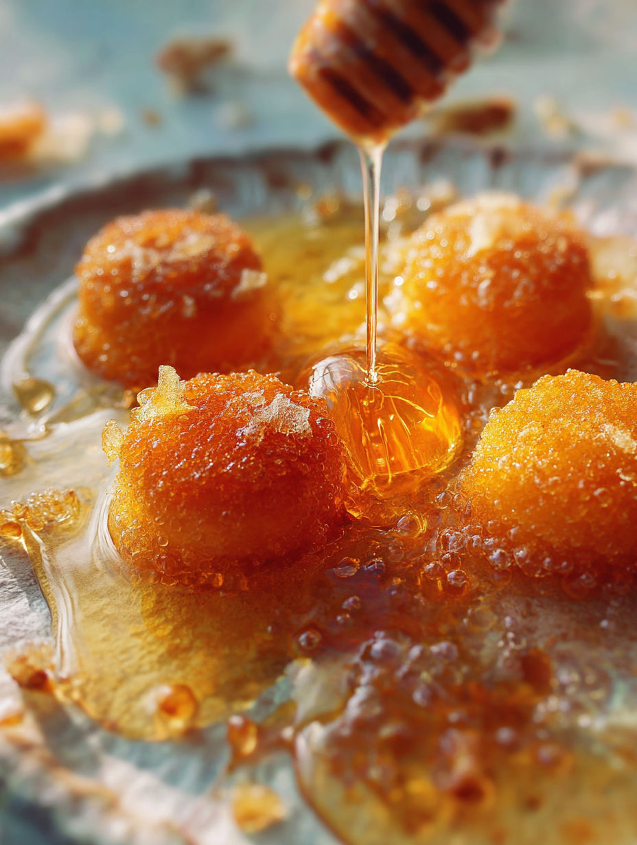 Une pâte sucrée est trempée dans du miel et des graines de cannelle.