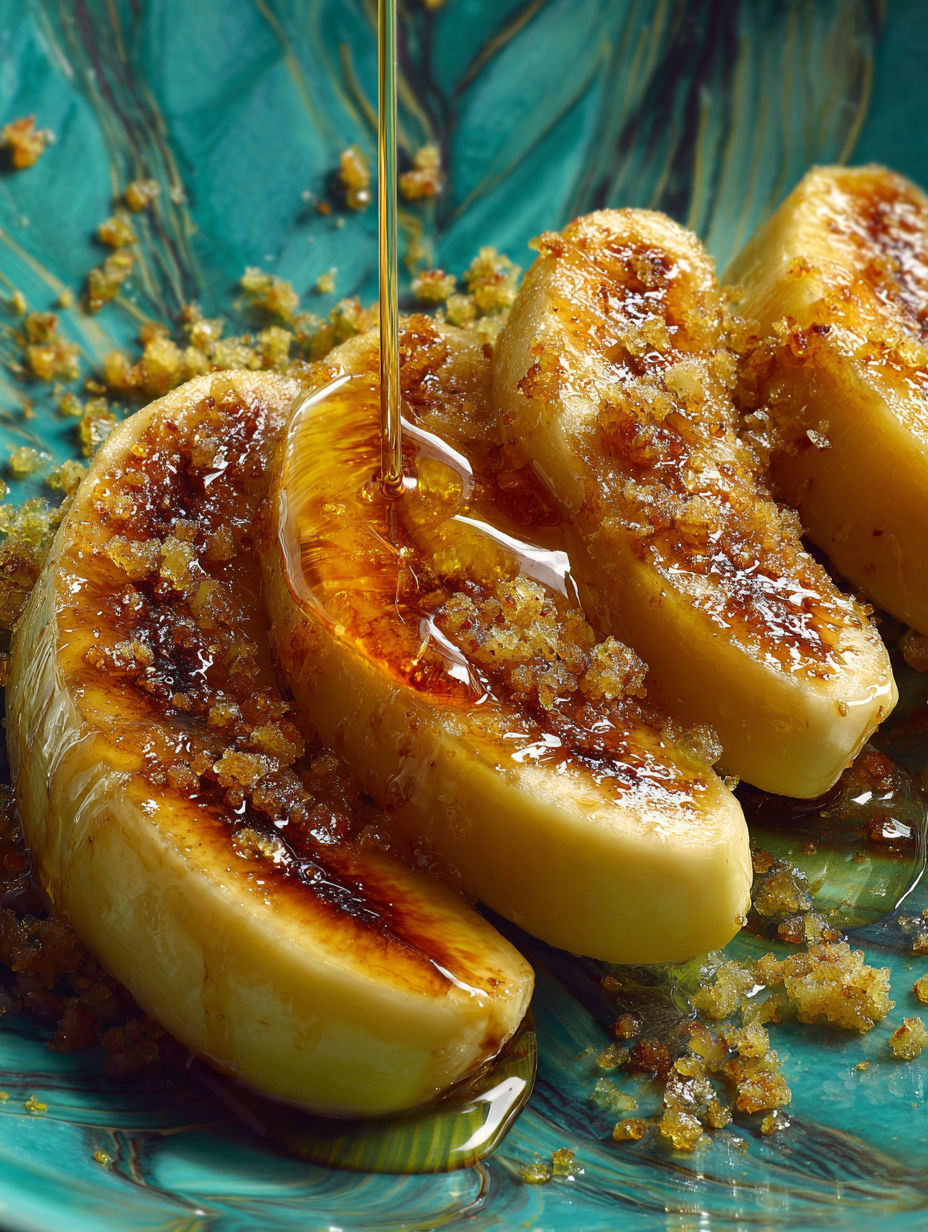 Bananas with caramel sauce on a plate.