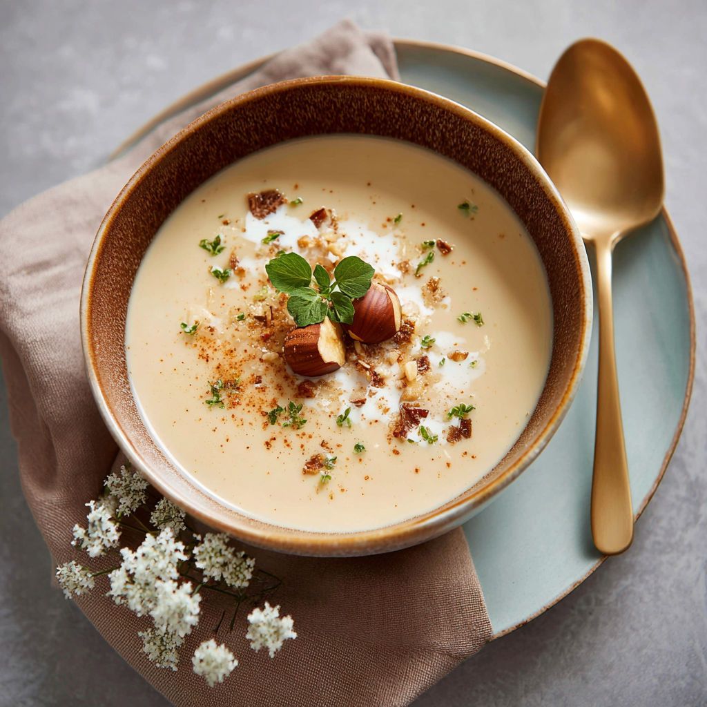 Une soupe chaude avec des herbes et des noix de cacahuète.