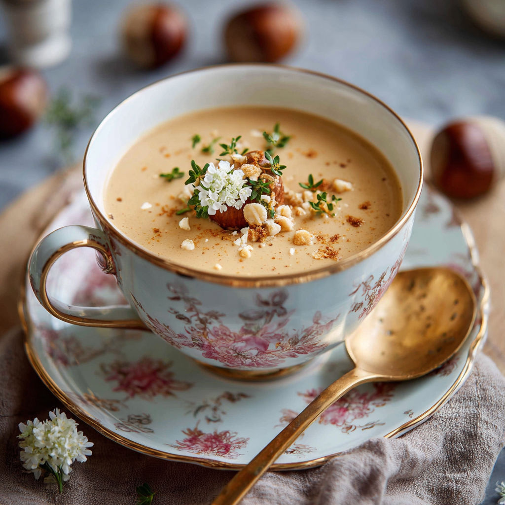 Une tasse de velouté est servie avec des noix et des graines de sésame.