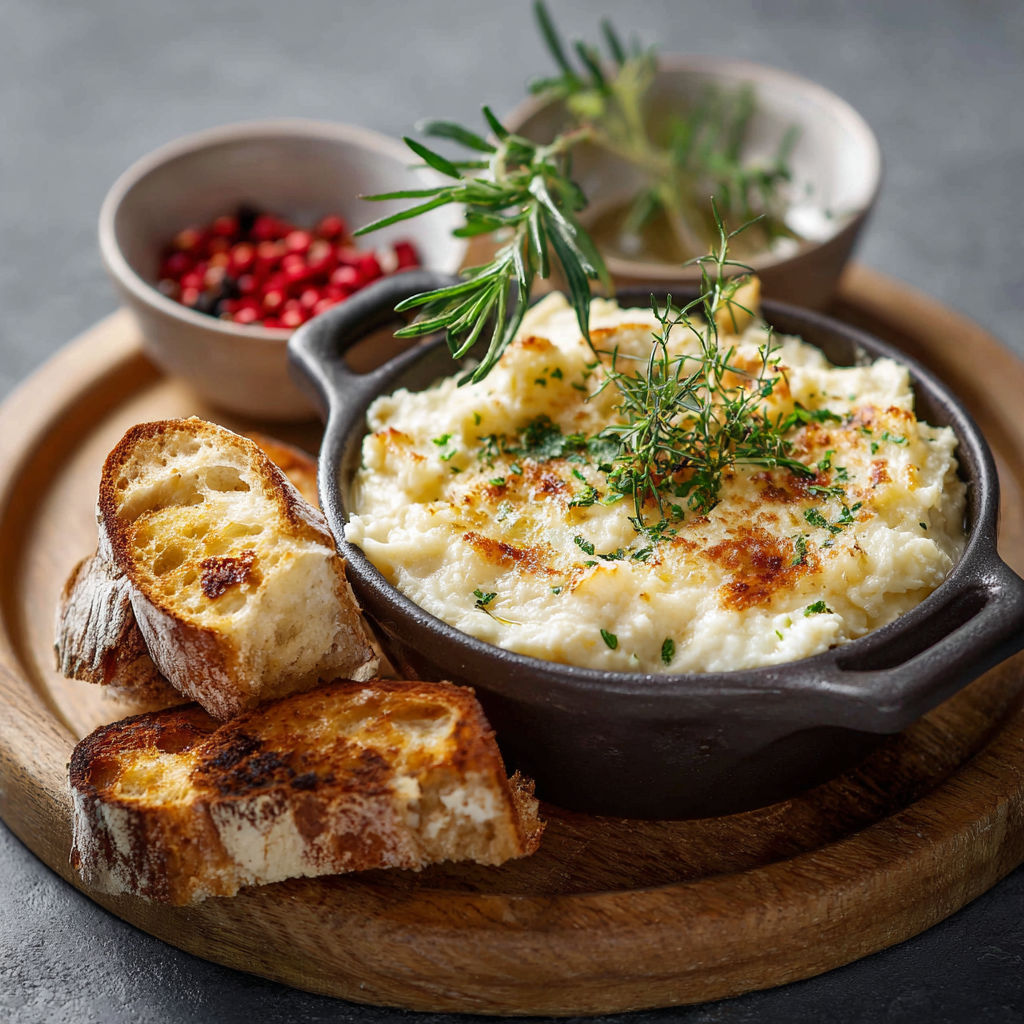 Une recette de macaroni et fromage est servie sur un plateau avec des tranches de pain grillé.