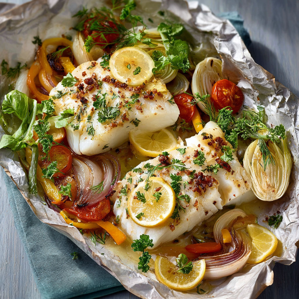 Un poisson grillé avec des légumes et des citrons.