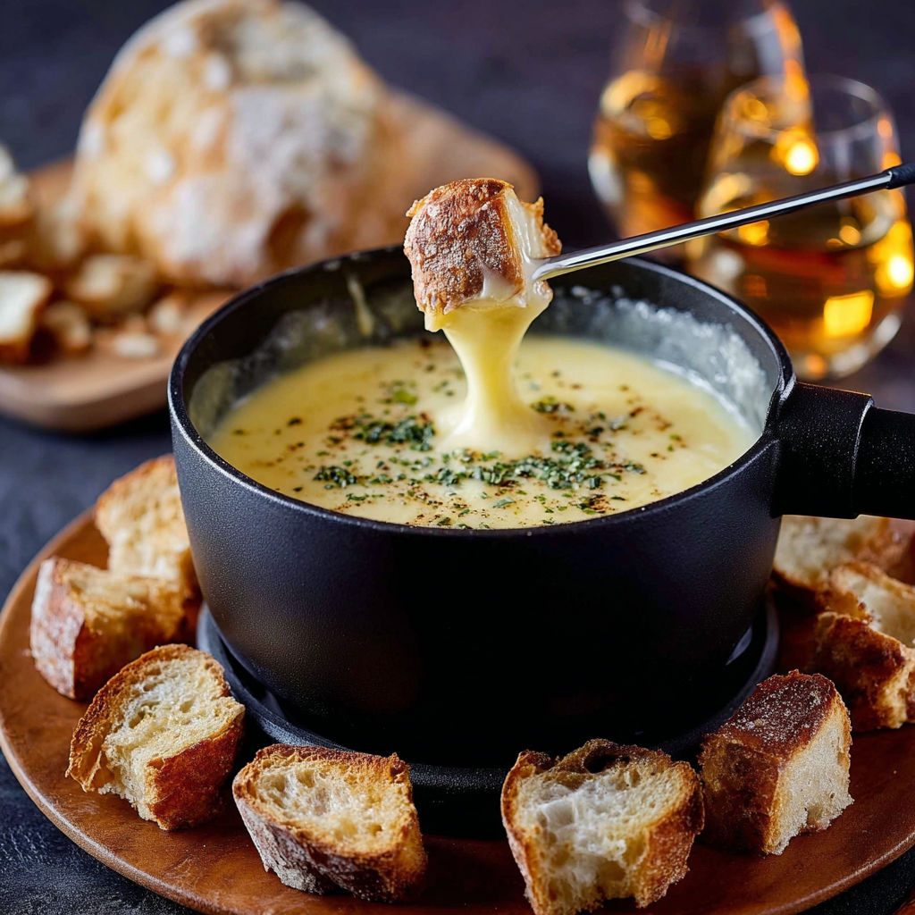 Une tasse de fondue chaude avec des tranches de pain grillé.