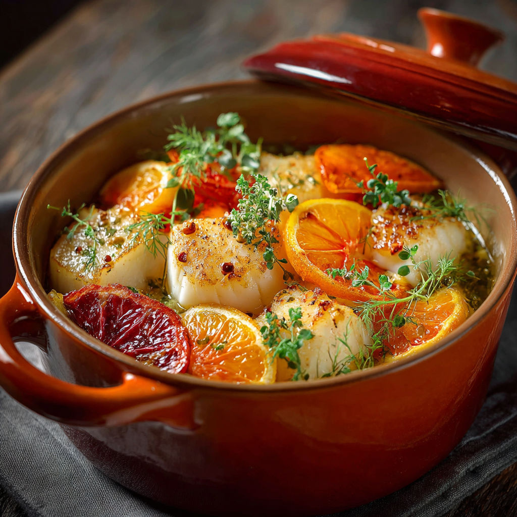 Une casserole de lotte aux oranges et herbes, avec des légumes et des fruits frais.