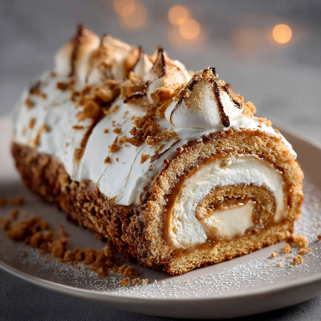 Une bûche roulée, garnie de crumbles de beurre et de sucre, est servie sur un plateau.