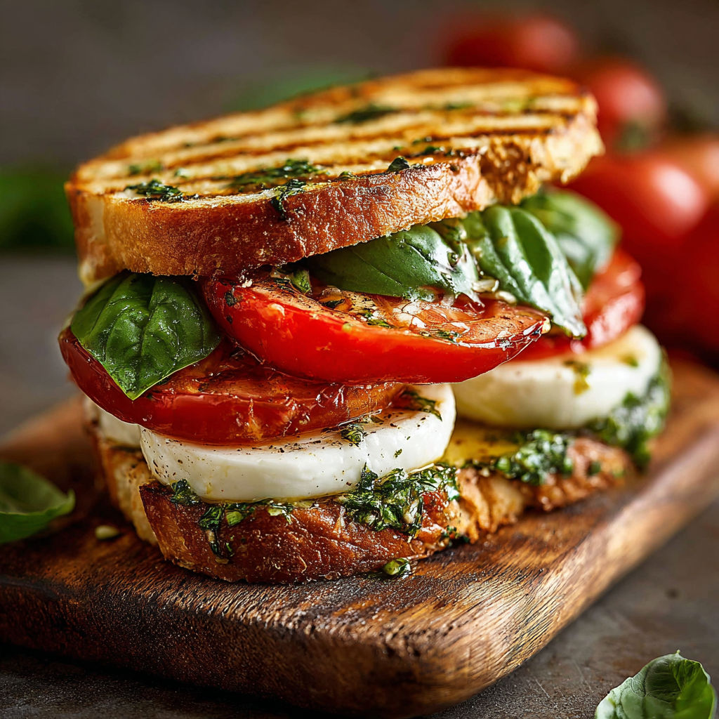 Un sandwich au fromage, tomate, basilic et oignon sur une planche de bois.
