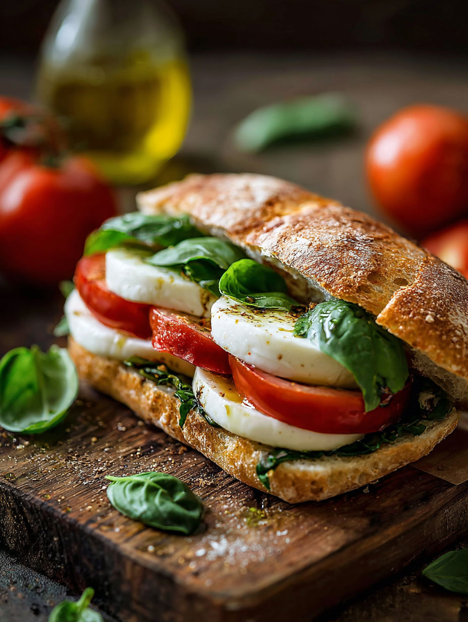 Une sandwich de tomates et de basilic, avec des herbes et des tomates frais, sur un pain de campagne.