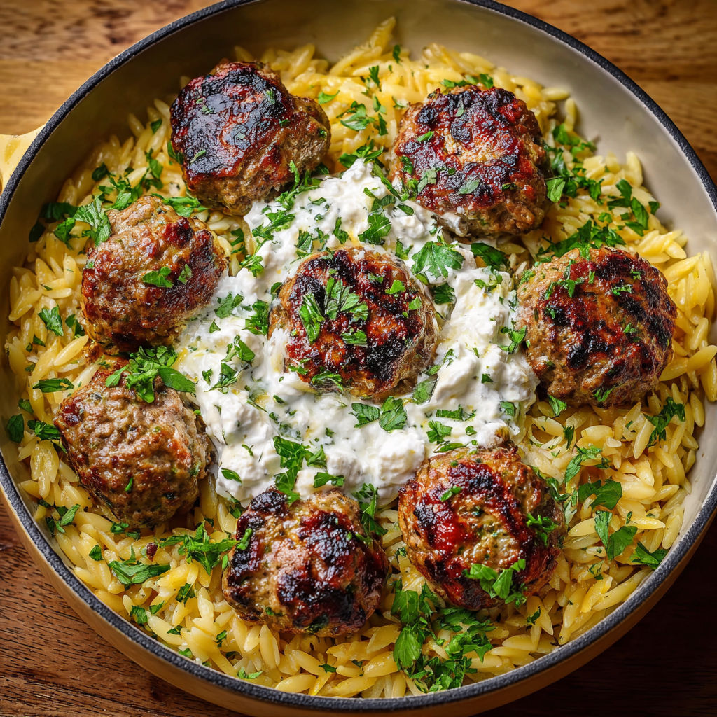 Plate of food with meatballs and rice.