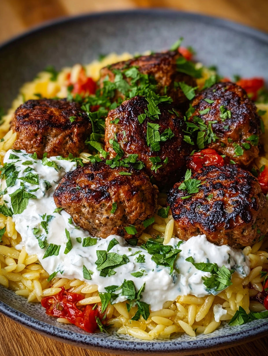 Soupe de légumes et de viande avec des boulettes de viande grillées et des herbes fraîches.