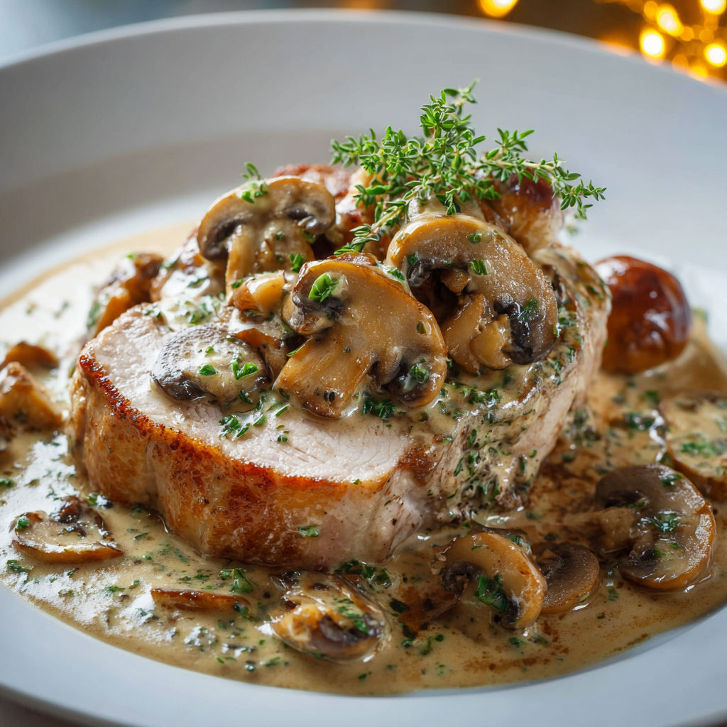 Une viande de porc grillée avec des champignons et des herbes, accompagnée d'une sauce au mushroom.