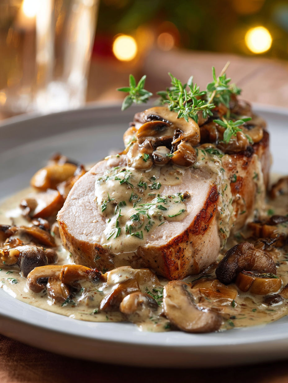 Une viande de porc en sauce au mushroom et herbes, accompagnée de champignons et de moutarde.