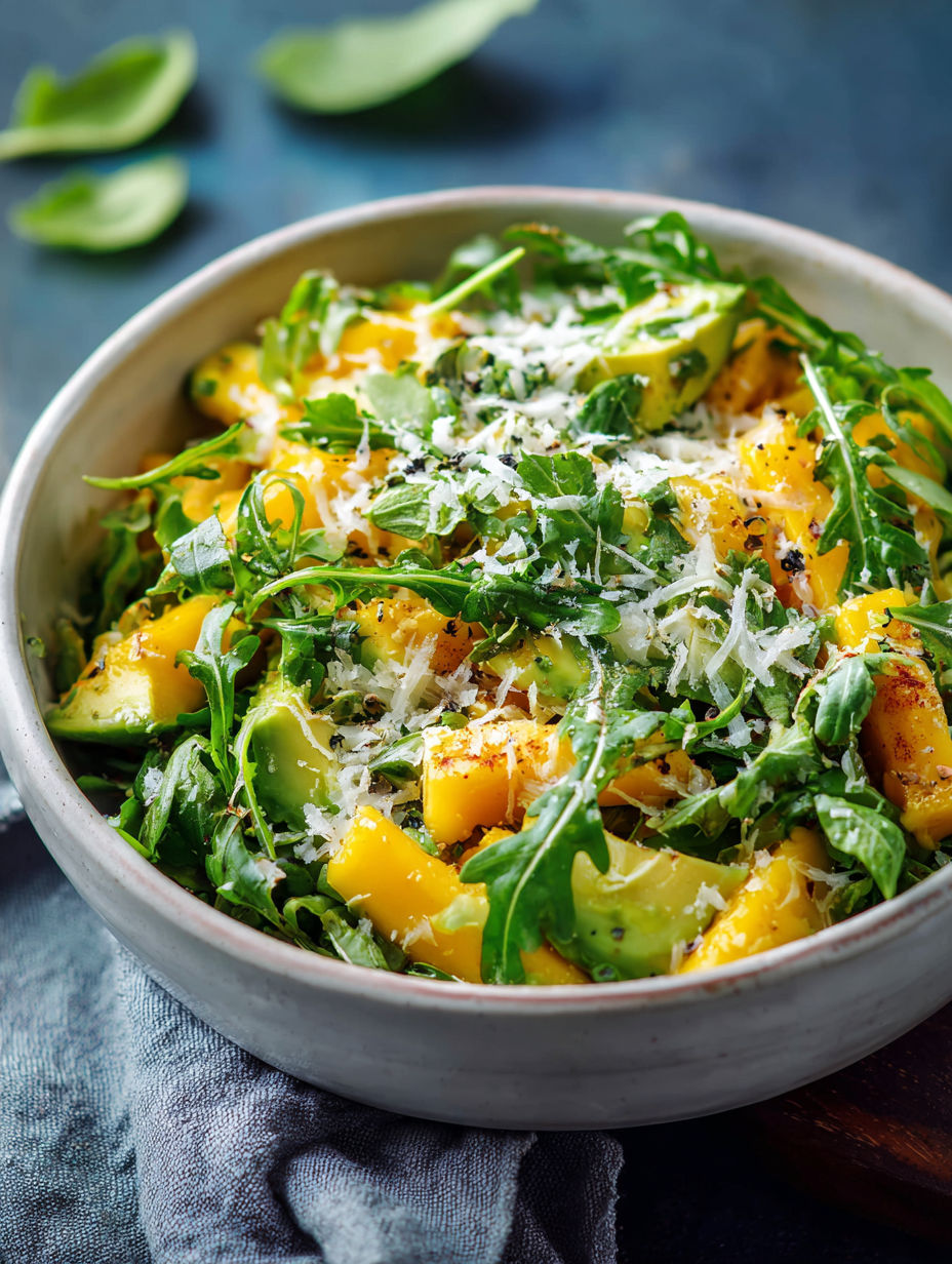 Une salade de pêches et avocats avec du fromage râpé.