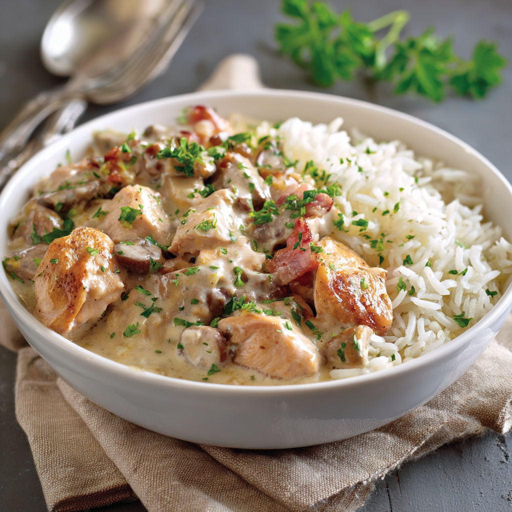 Le Poulet Crémeux et Riz Fondant, une recette savoureuse et délicieuse, est servie dans un bol en porcelaine.