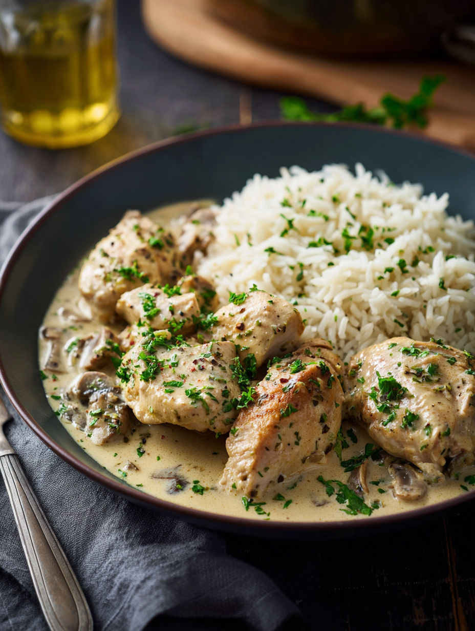 Le Poulet Crémeux et Riz Fondant est un plat délicieux qui combine des morceaux de poulet en sauce crémeuse avec des riz fondants.