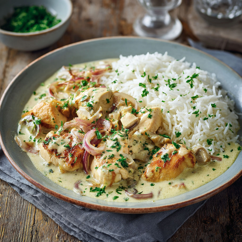 Le Poulet Crémeux et Riz Fondant est un plat de riz et de poulet crémeux, servit sur une assiette en céramique.