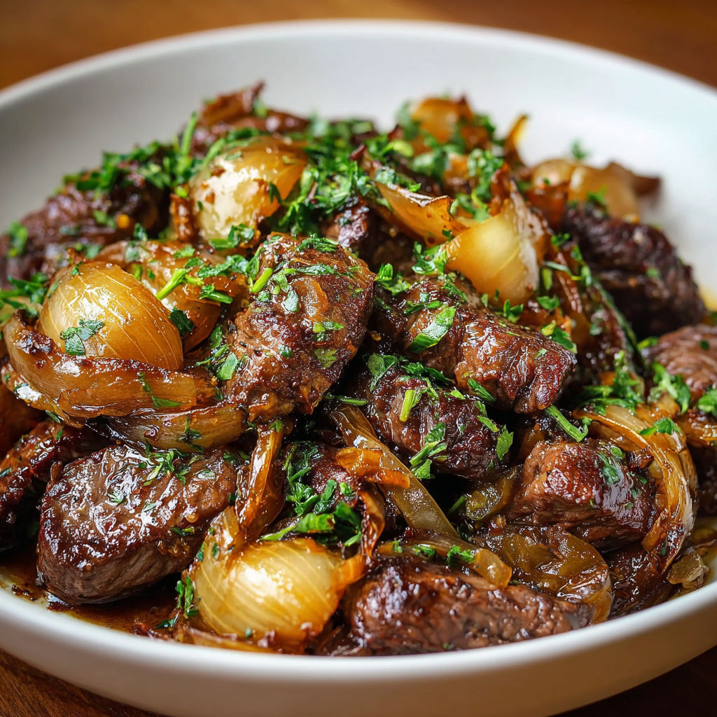 Un plat de bœuf sauté aux oignons, avec des herbes et des légumes, est servie sur une table.