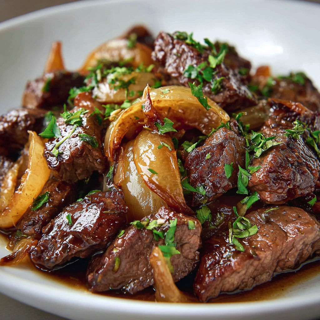 Une assiette de viande de boeuf avec des légumes et des herbes, accompagnée d'une sauce.
