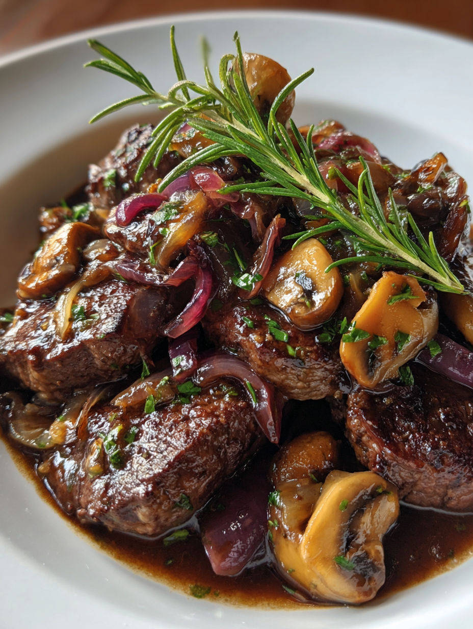 Steak au poivre avec champignons et herbes" - Une recette de steak avec des champignons et des herbes pour une saveur unique et délicieuse.
