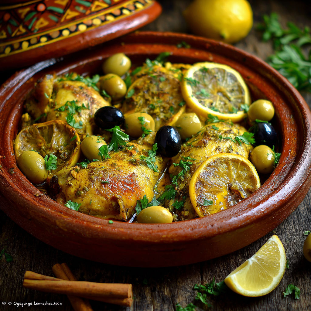 Une assiette de poulet avec des olives et des citrons.