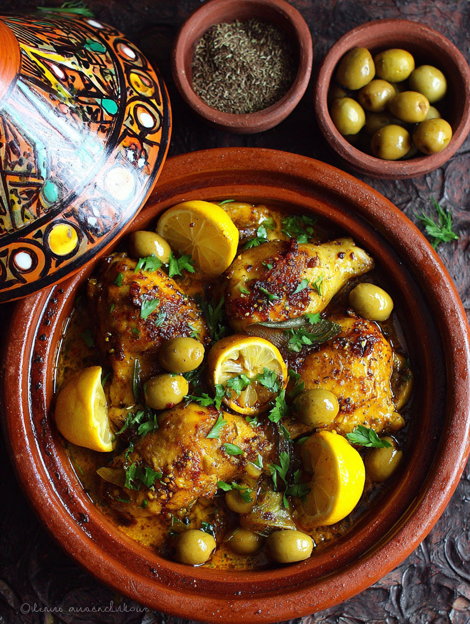 Une recette de poulet grillé avec des olives et des citrons.