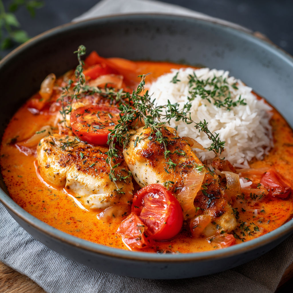Un plat de Filets de Poulet à la Crème de Tomate, avec des légumes et des herbes pour accompagner.