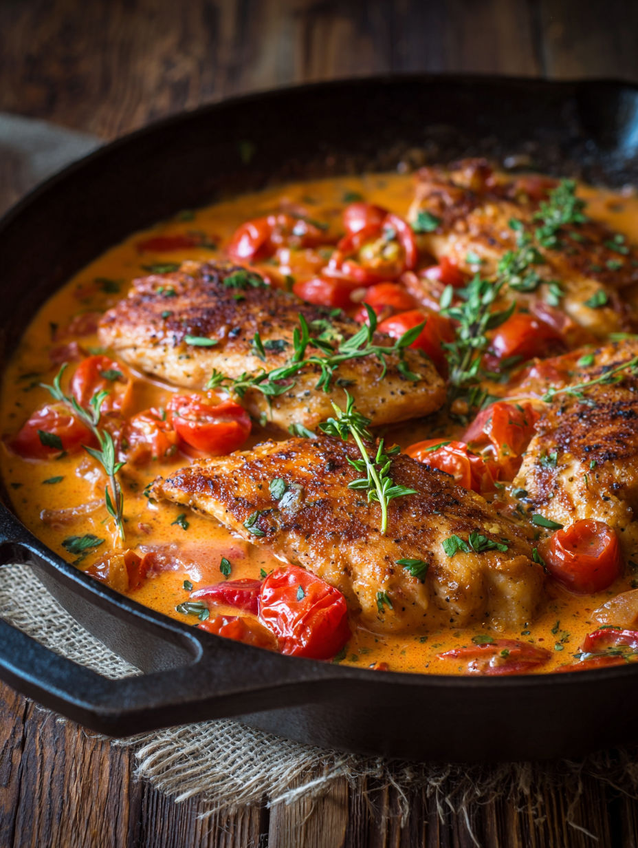 Filets de poulet à la crème de tomate dans un bol en fonte.