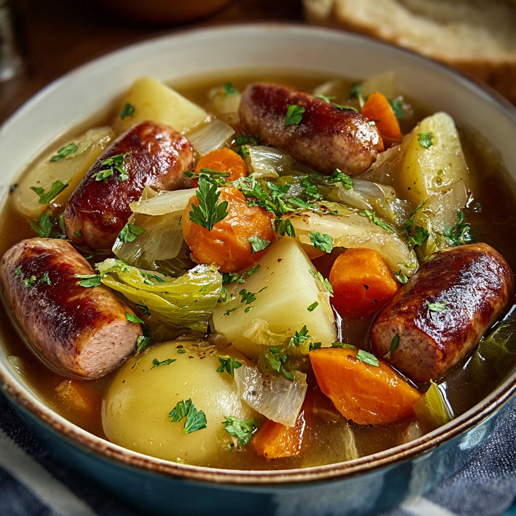 Une potée aux saucisses et légumes est servie dans un bol sur une table.