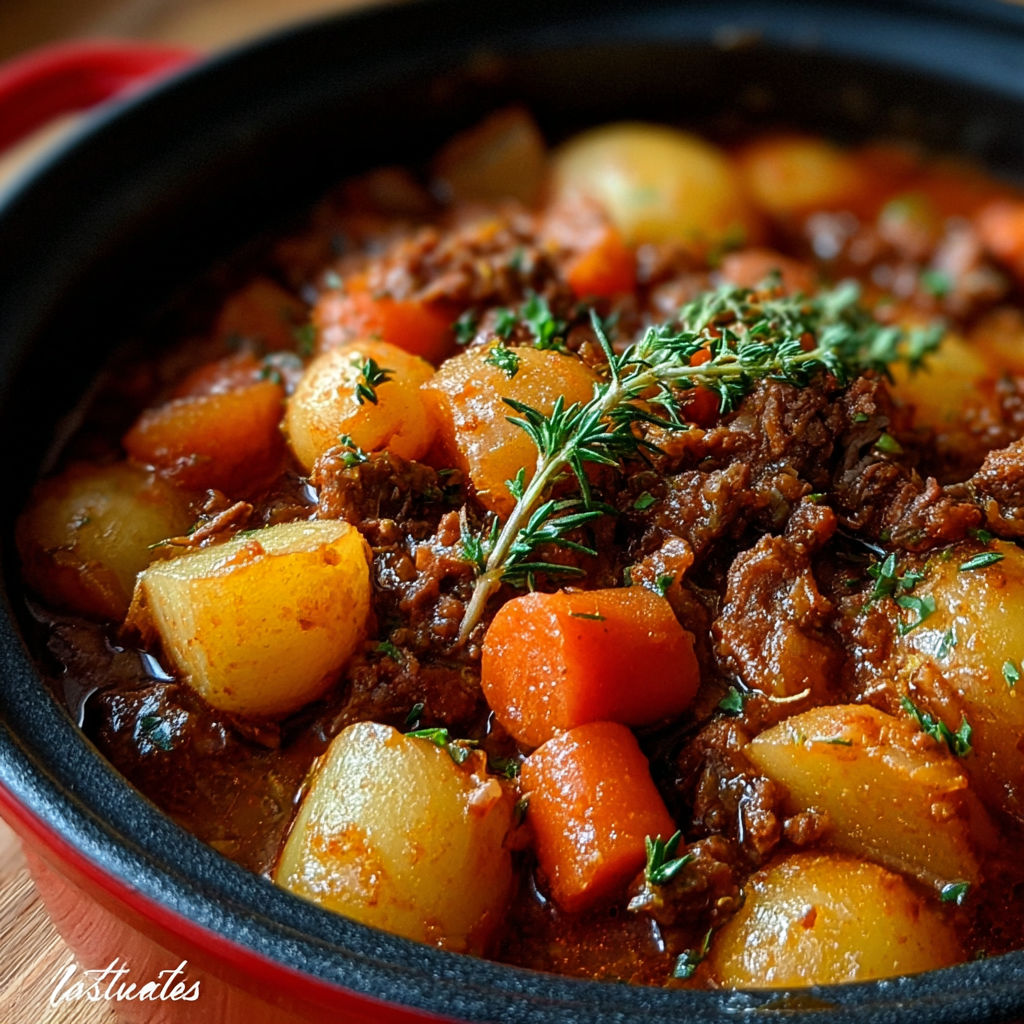 Une potée aux saucisses et légumes est servie dans un bol en terre rouge.