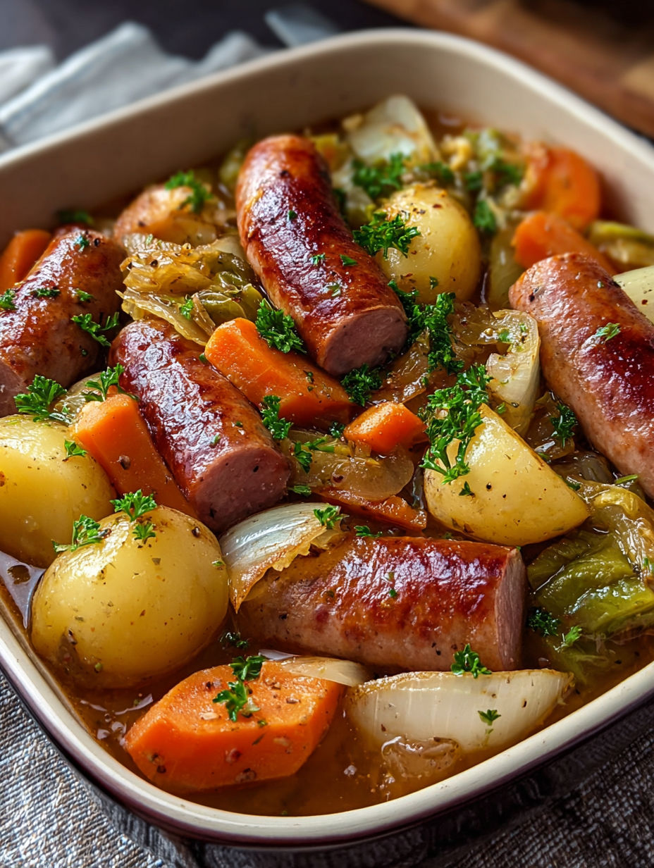 Une potée aux saucisses et légumes est servie dans un plat.