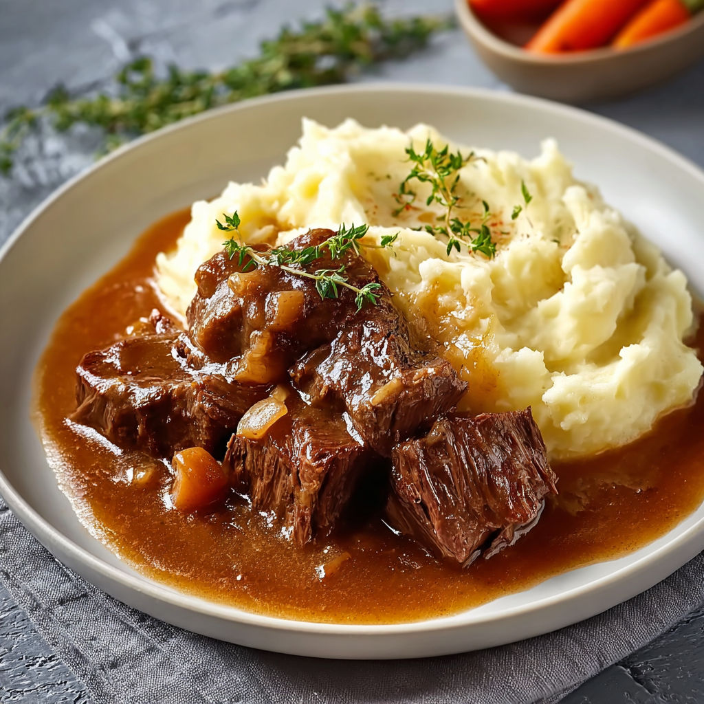 Un plat de bœuf braisé en sauce avec purée maison, accompagné de carottes.
