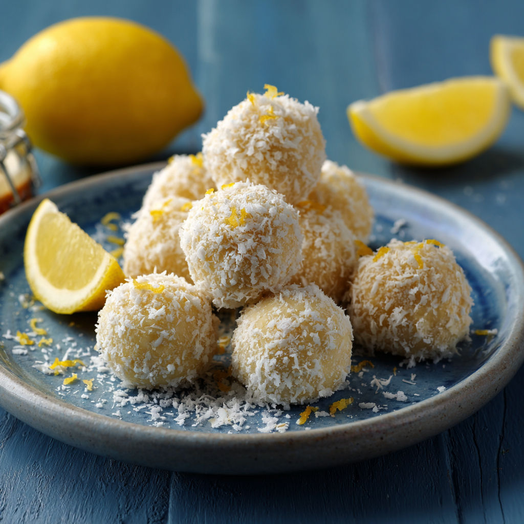 Un desserts de citron et de coconut sur un plateau.