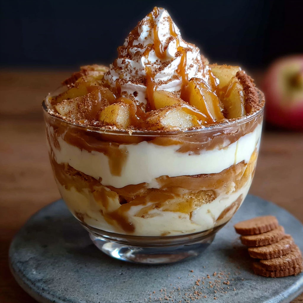Une portion de Tiramisu Caramel Beurre Salé et Pommes Poêlées, avec une cuillère de beurre salé et des pommes poêlées.