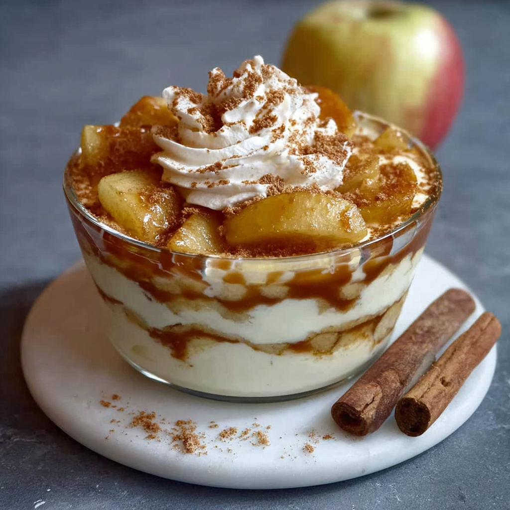 Une tarte aux fruits et crème, garnie de cinnamon et d'un pomme, est servie dans un bol transparent.
