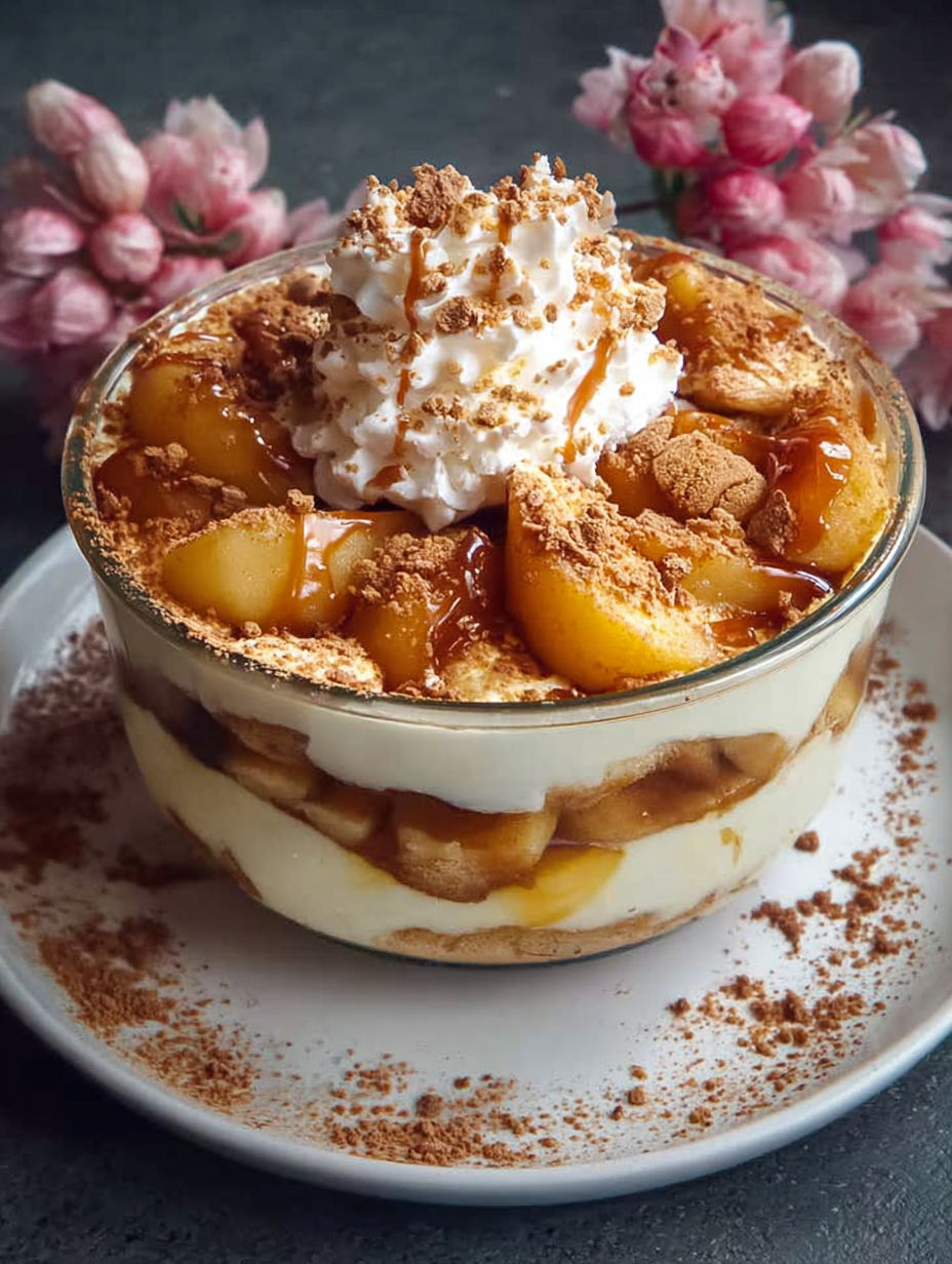 Une tarte aux pommes et croutons de marron, garnie de crème fouettée et de croutons de marron, est servie dans un bol ovale.