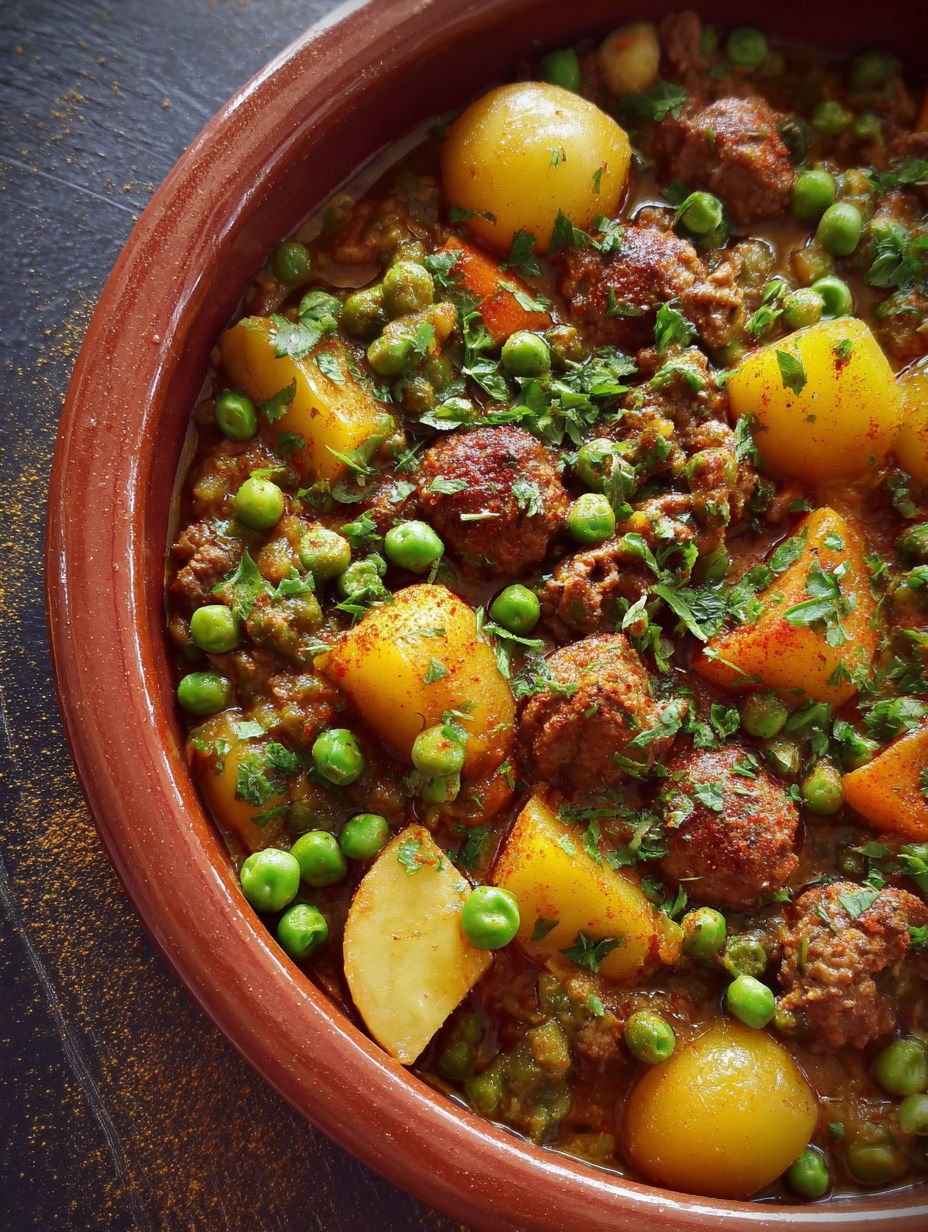 Une recette de casserole avec des légumes et des viandes, servie dans un bol en terre.