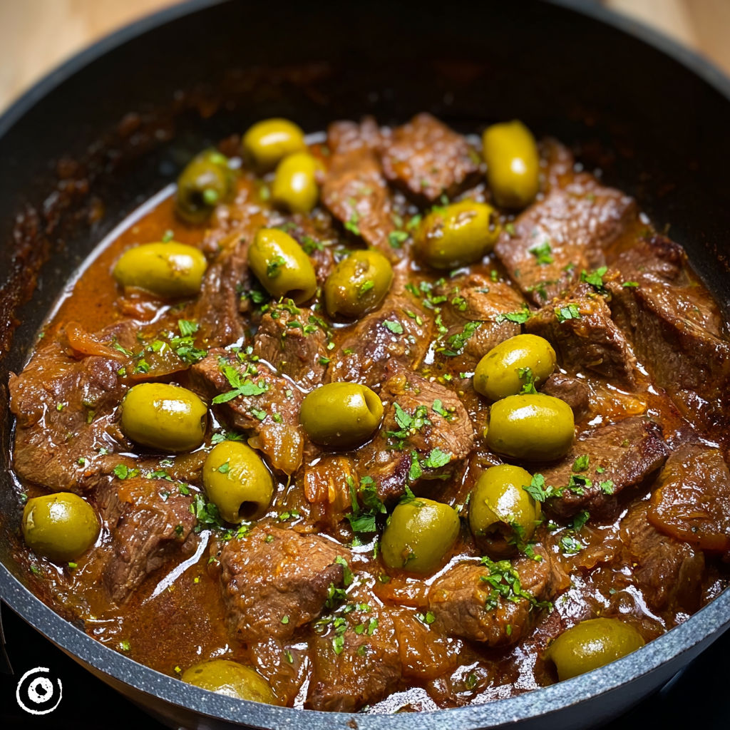 Sauté de veau aux olive - Une casserole de viande de veau avec des olives et des herbes, servie dans un bol.