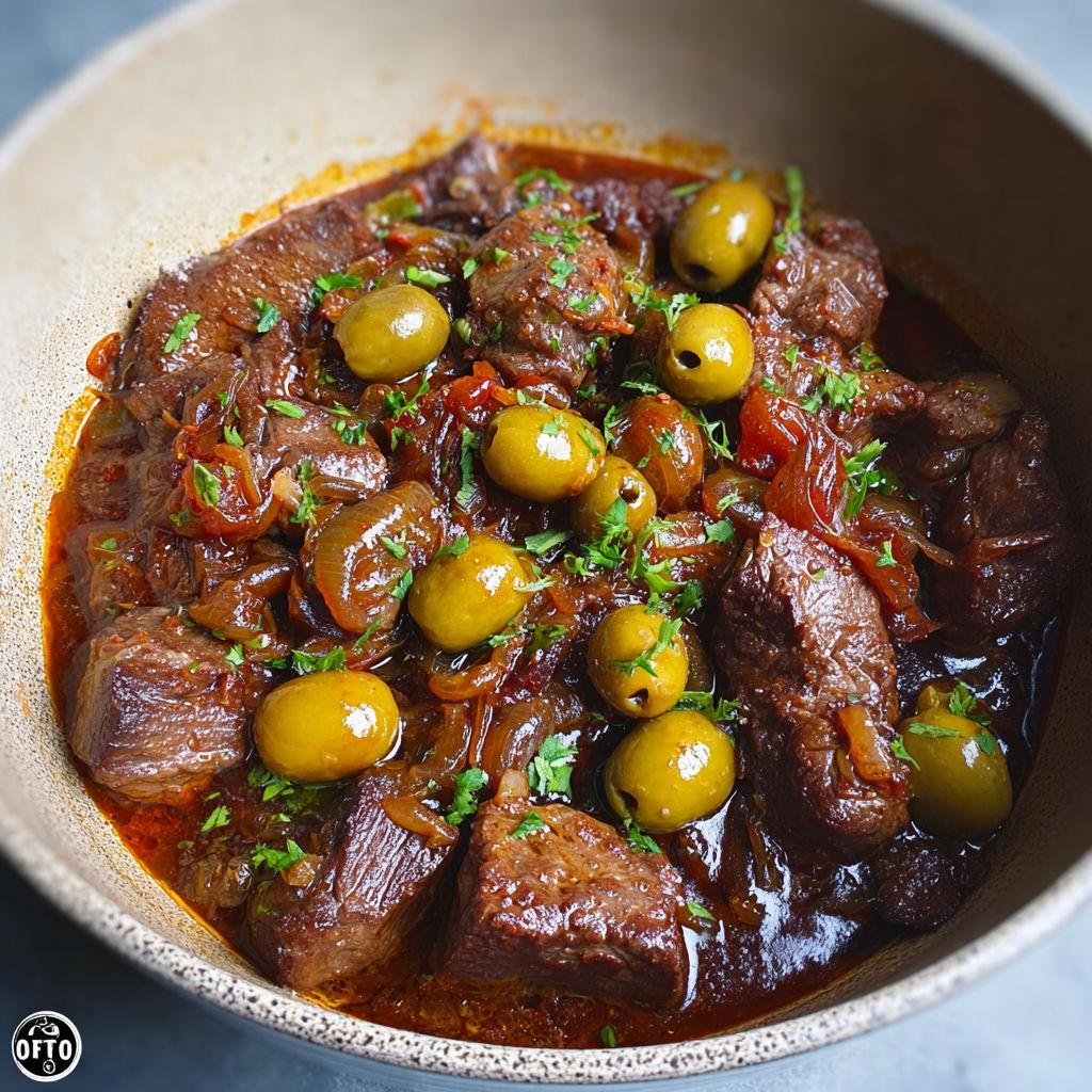 Une casserole de viande avec des olives et des épices.