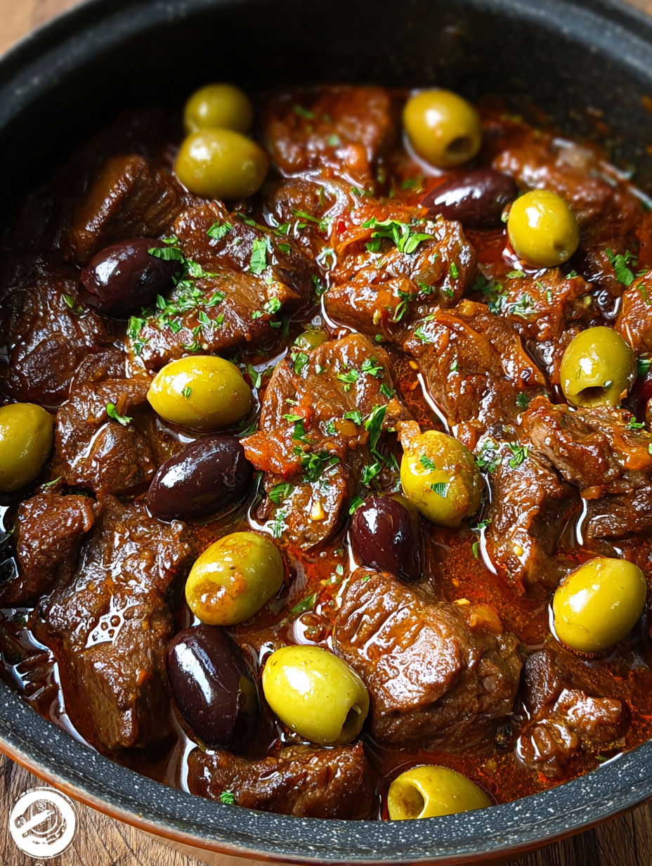 Boeuf à la viande avec des olives et des épinards, une recette savoureuse et délicieuse.