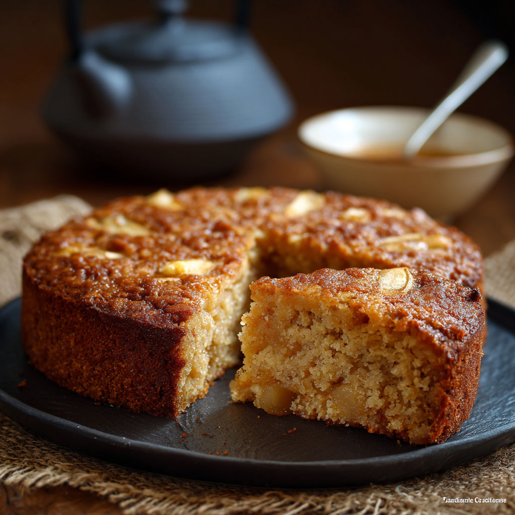 Une tarte aux fruits et au beurre de cacahuète, servie avec une cuillère et un bol de sauce.