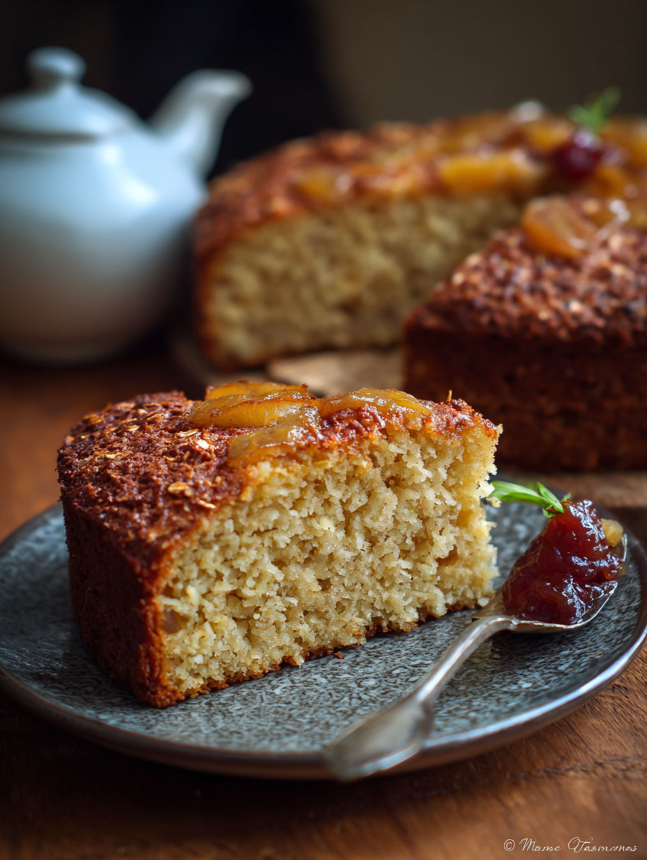 Une portion de gâteau de pommes et cerises sur un plateau.
