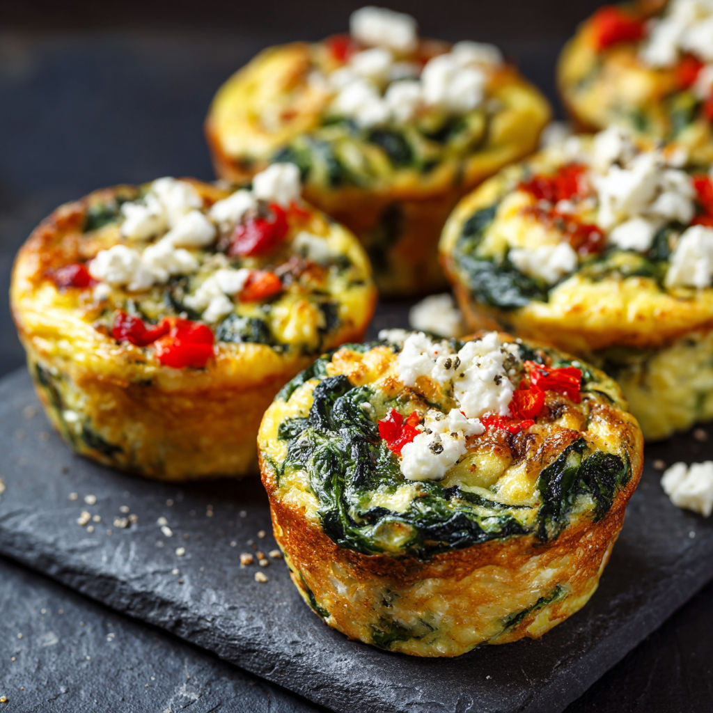 Des mini-muffins de poulet avec des légumes verts et de la feta.