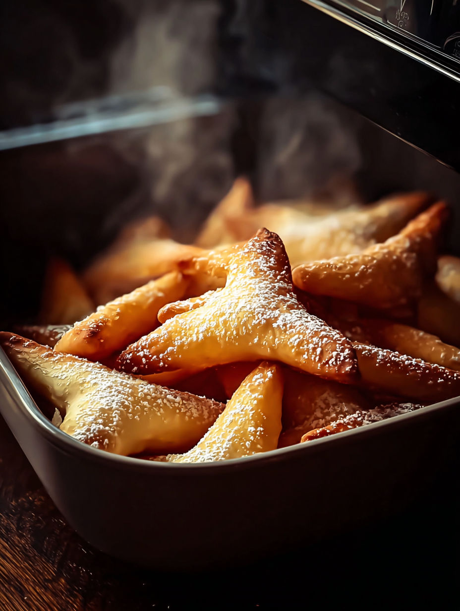 Un petit plat de pains d'épices fumés, avec des pains d'épices et des croissants dorés, tous recouverts de sucre.