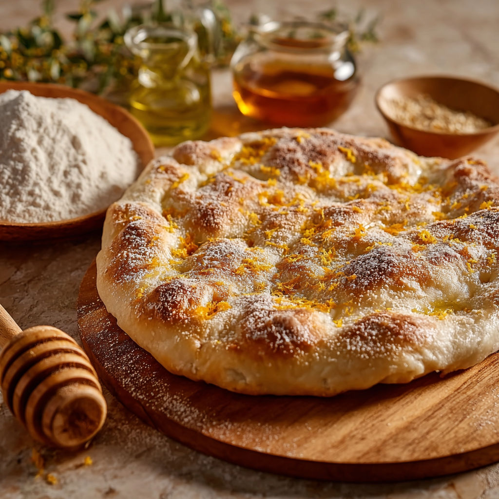 Une recette de fougasse sucrée à la fleur d'oranger est prête à être servie.