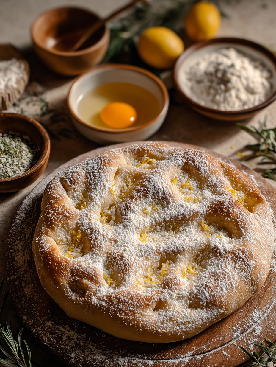 Une pâte de pizza faite maison, avec des ingrédients tels que des œufs, du lait, du sel et du sucre, est servie sur une plaque de bois.