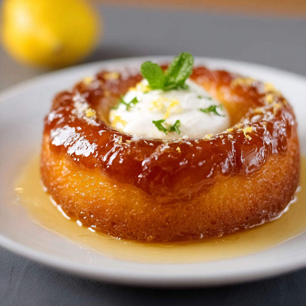 Une tarte aux fruits et crème, garnie de menthe et de citron, sur un plateau.