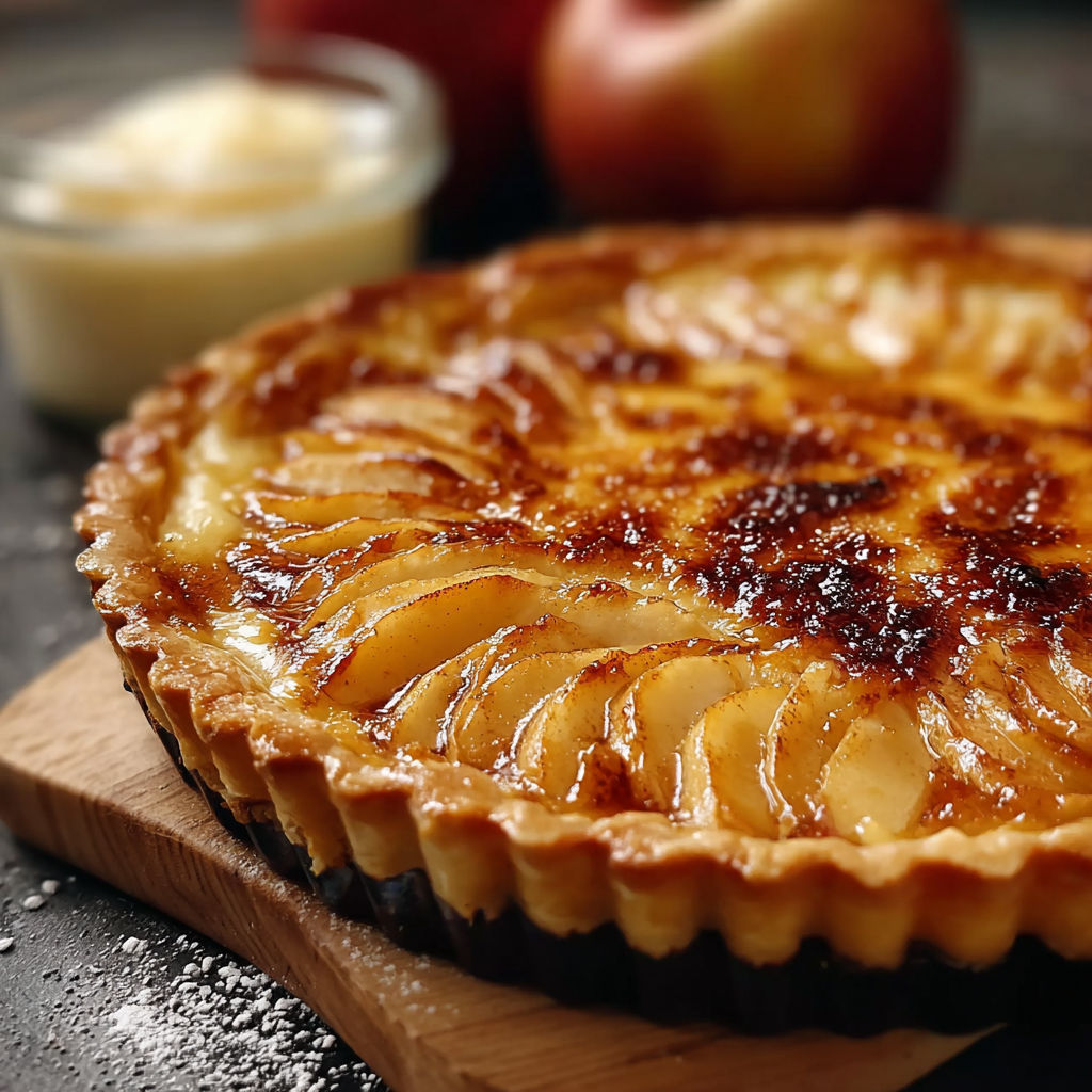 Une tarte aux pommes façon crème brûlée, chauffée et délicieuse, est servie sur un plateau.