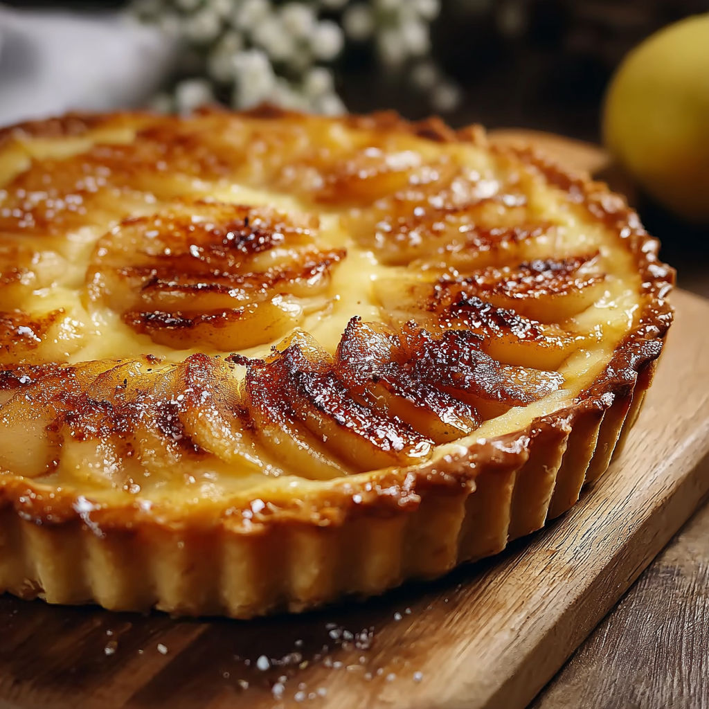 Une tarte aux pommes chaude et croustillante, servie sur un plateau en bois.