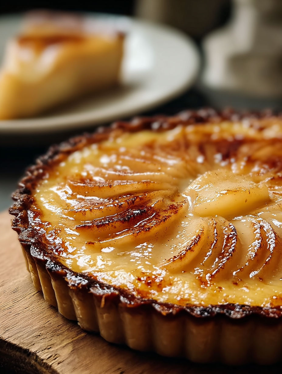 Une tarte aux pommes chaude et croustillante, avec une pâte de pommes et des pommes cuites, est servie sur un plateau.