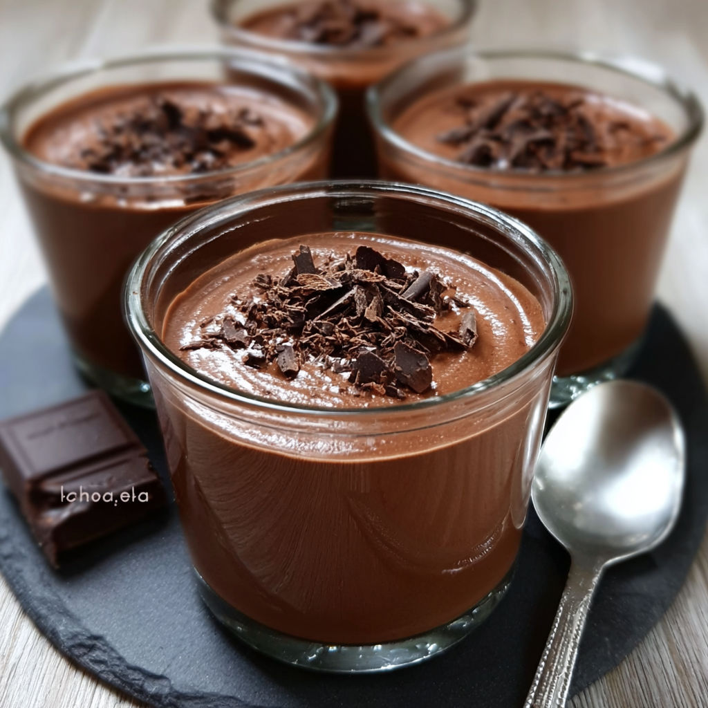 Une tasse de crème chocolat maison ultra onctueuse et savoureuse, accompagnée d'un café et d'un chocolat.